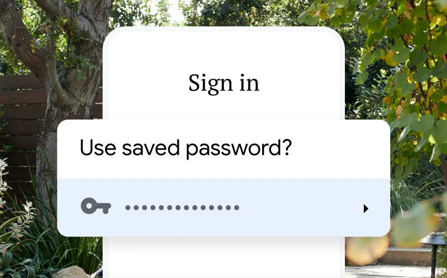 A sign-in page for a trip reservation asks to use a saved password. In the background is a nature scene.